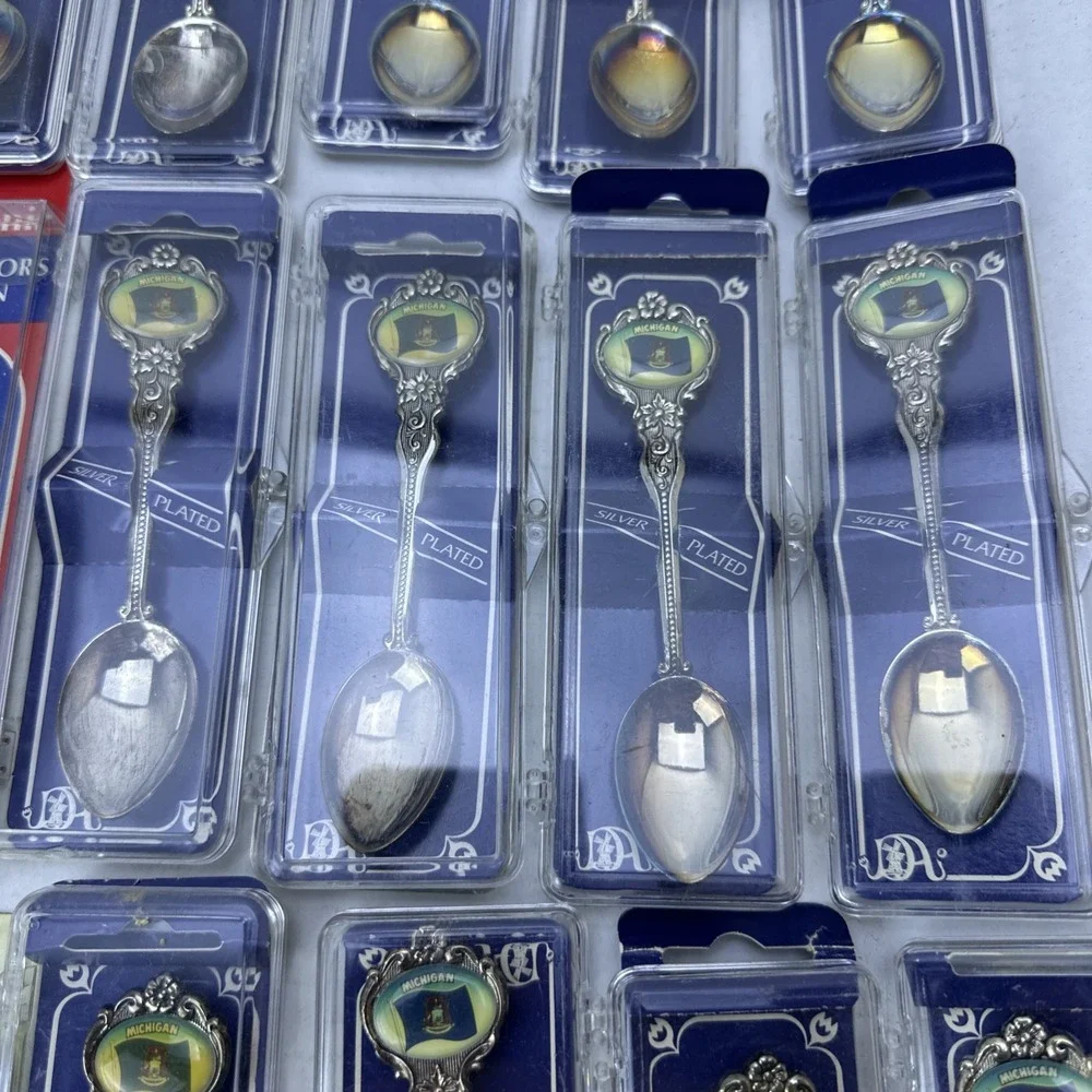 Lot of 37 Souvenir Spoons & Thimbles Michigan Silver Plated Collectors MicroView